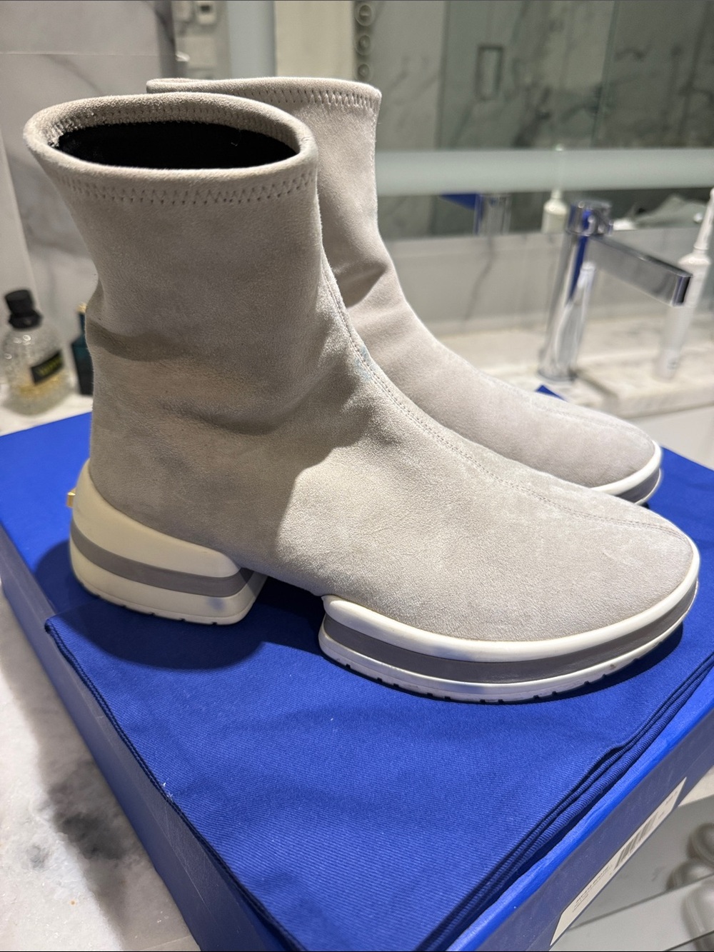 Stuart Weitzman Light Gray Suede Ankle Booties